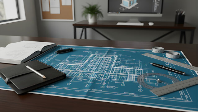 Architecture design workspace with blueprint.
