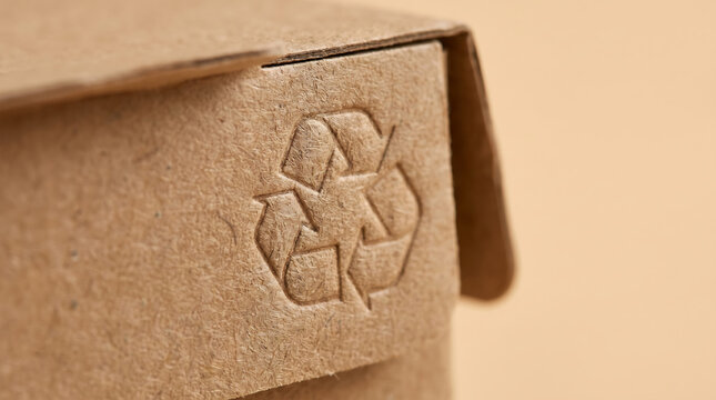 Brown cardboard box with embossed recycling symbol on the lid, representing eco-friendly packaging and sustainability for Earth Day celebrations and environmental awareness