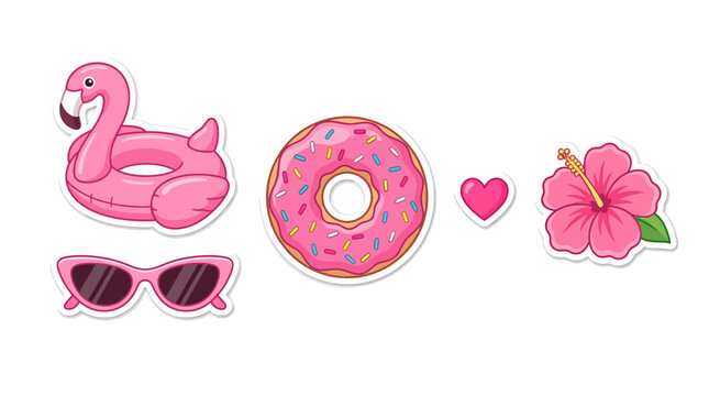 A collection of cute pink summer-themed stickers including a flamingo float, donut, sunglasses, heart, and hibiscus flower.