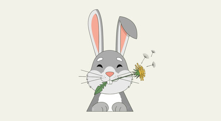 Fototapeta premium Cute cartoon grey rabbit blowing dandelion seeds on a light background vector illustration