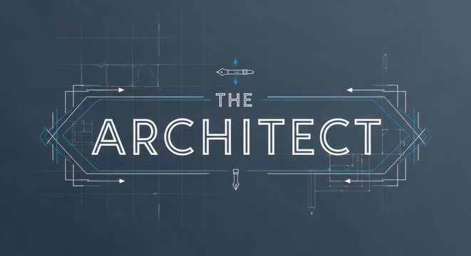 Modern neon architect title design on dark blue tech background with glowing wireframe elements