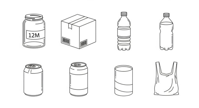 Collection of beverage containers and packaging elements.