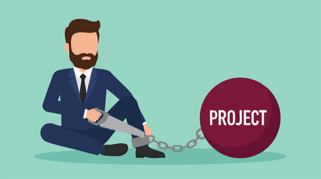 Businessman sawing chain attached to 'PROJECT' ball, overcoming burden