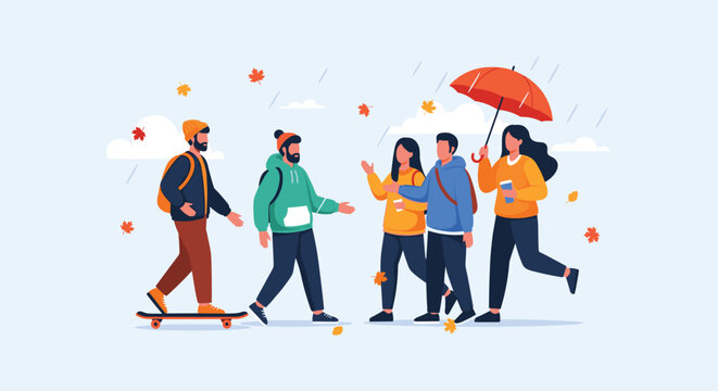 Group of friends wearing colorful jackets walking together in rain during autumn with falling leaves and red umbrella.