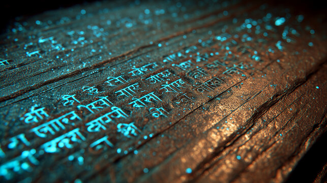 Macro View of Ancient Copper Plate Inscription with Glowing Blue Light Highlights on Sanskrit Text