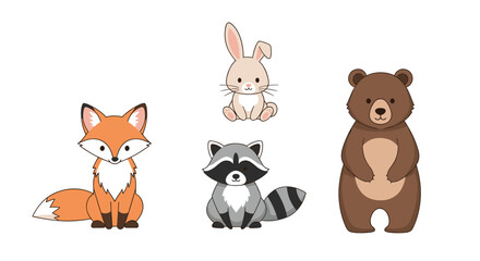 Naklejka premium Collection of adorable forest animal illustrations including fox, rabbit, raccoon, and bear sitting against white background.