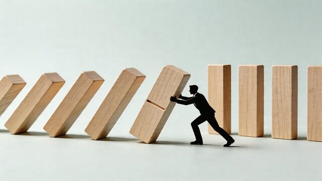 Business man miniature figure stopping domino effect crisis risk management saving company blocking failure challenge problem solving economic stability prevention