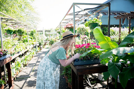 Woman in hat inspecting pink flowers in Fairhope garden center