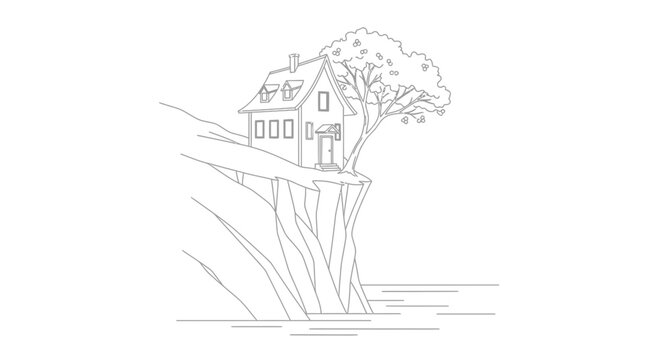 House on cliff edge overlooking water, precarious living, isolated dwelling