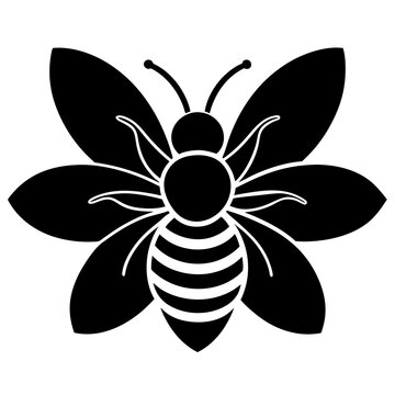 A sleek black and white vector illustration of a bee perched on a stylized flower with five petals forming a symmetrical and balanced design