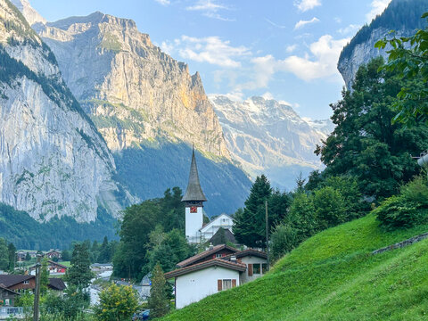 Lauterbrunnen Valley Church and Mountains