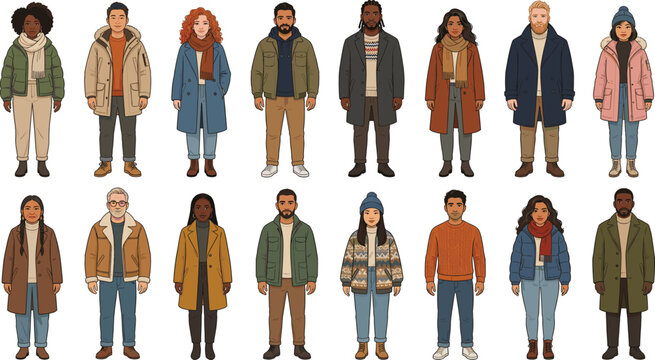 Diverse group of people wearing winter coats and autumn jackets flat vector illustration set