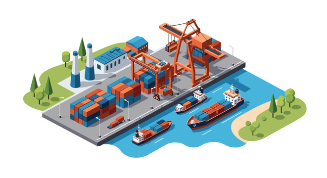Modern sea port facility in an isometric view showing cargo ships, shipping containers, cranes, and logistics infrastructure.