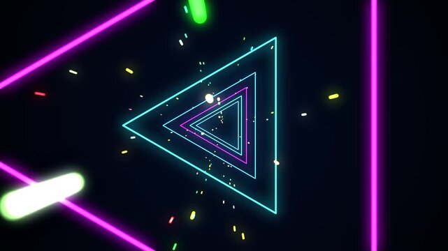 Neon triangles pulse in a dark, endless tunnel