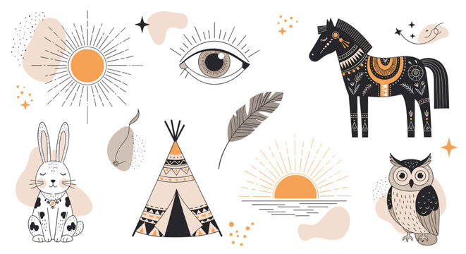 Collection of bohemian and tribal inspired symbols including a sun, all-seeing eye, horse, teepee, feather, and wise owl.
