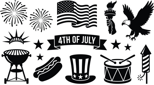 4th of july patriotic icons and symbols american flag fireworks eagle bbq hot dog uncle sam hat
