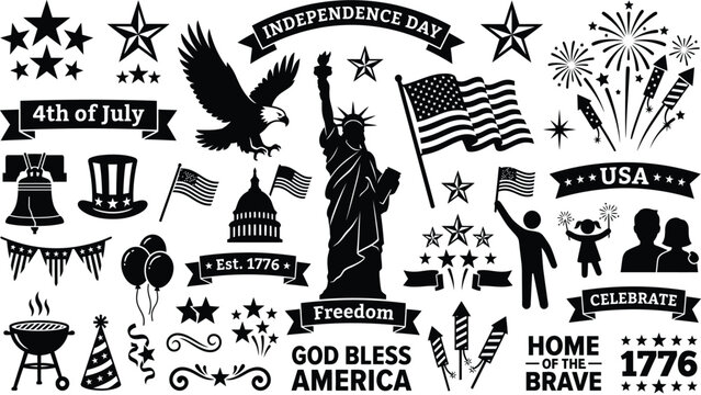 Patriotic symbols with fireworks eagle statue of liberty and american flags in a bold black and white style celebrating independence day with festive elements and national pride