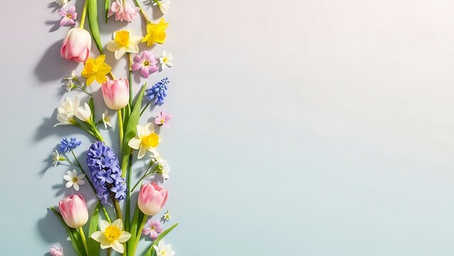 Colorful spring flower border with tulips daffodils and hyacinths on light blue background
