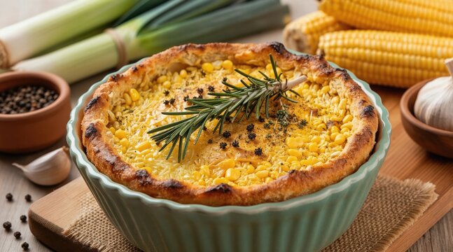 Chilean pastel de choclo corn pie with rosemary and spices. Served in green dish with leeks, garlic, corn, pepper. Homemade traditional food.