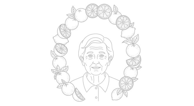 Elderly Woman Portrait Surrounded by Citrus Fruit Wreath, Line Art Illustration