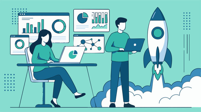 Startup Business Growth with Data Analysis and Technology Illustration