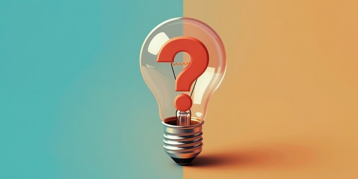 Glass light bulb with red question mark inside. Concept of idea generation uncertainty and creative thinking. Questioning innovation or solution search.