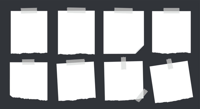 Collection of eight white blank paper notes and sticky reminders attached with translucent adhesive tape to a dark gray textured background.