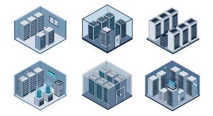 Fototapeta premium Collection of six isometric server room illustrations showing data center racks, network cabinets, and computer hardware for technology concepts.