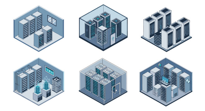 Collection of six isometric server room illustrations showing data center racks, network cabinets, and computer hardware for technology concepts.