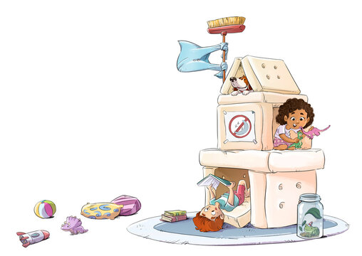 Little children playing on a cushion construction, children's illustration