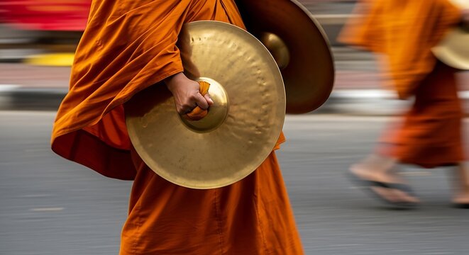 Buddhist monks with cymbals in a procession southeast asia