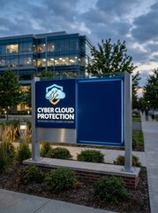 Obraz premium Cyber cloud protection event announcement urban business district signage evening professional concept