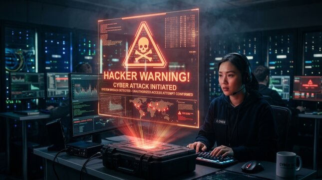 Cyber attack initiated hacker warning in a high-tech command center digital environment tactical viewpoint
