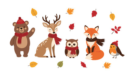 Fototapeta premium Cute forest animals like a bear, deer, fox, and owl wear cozy scarves and hats among falling autumn leaves on white.