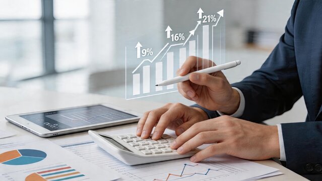 Business man woman or person in suit with pen pointing at bar chart showing positive growth trend and rising arrows on screen digital analytics calculator device on table working