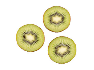 Fototapeta premium Three vibrant green kiwi fruit slices with sparkling sugar edges, showcasing juicy texture and black seeds.