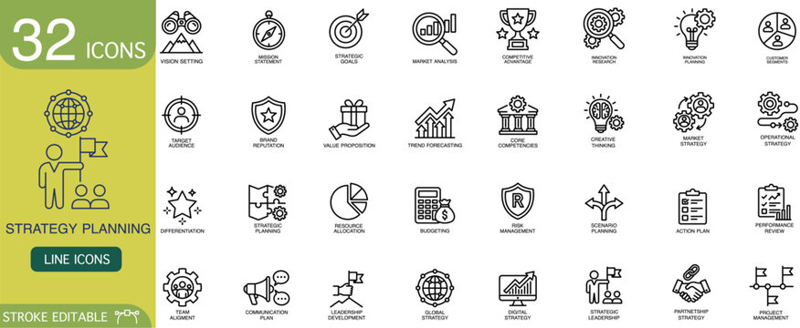 Strategy planning business marketing analysis innovation management icon set with line style symbols for vision goal budgeting teamwork risk growth creativity clean layout confident mood