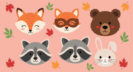 Obraz premium Collection of cute animal faces including a fox, raccoon, bear, and rabbit are surrounded by colorful falling autumn leaves.