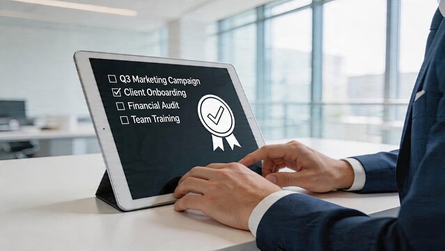 Business man checking digital checklist on tablet screen in modern office completing tasks for Q3 marketing campaign client onboarding process financial audit review team training