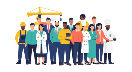 Celebrating international workers' day, a diverse group of people representing various professions stands together against a clean white background, symbolizing labor day and the strength © NanzZ