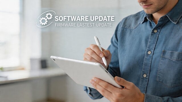 Businessman using tablet software update concept firmware latest update text with gears icon technology modern work office background