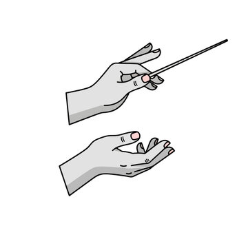 An illustration of two hands showing a conductor gesture with a baton
