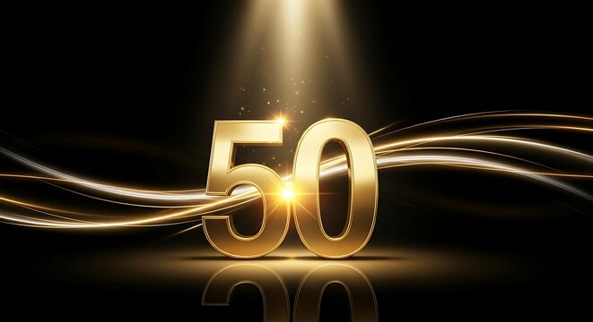 Golden 50th anniversary number fifty luxury elegant 3D glowing spotlight abstract light waves black background high resolution digital image
