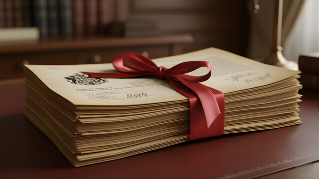 Stack of old paper tied documents.