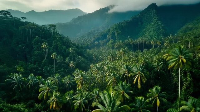 Lush tropical forest with palm trees and mountains in the distance under cloudy sky