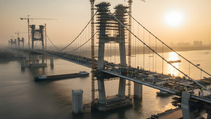 Obraz premium Sunset over modern cable-stayed bridge.