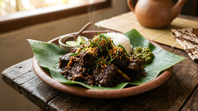 Traditional Minang Beef Rendang on Banana Leaf, Indonesian Cultural Food