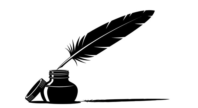 A black quill pen rests in an inkwell, with its tip pointing to the right.