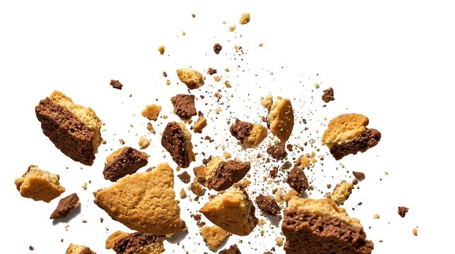 Crumbled Cookie Pieces On White Background.