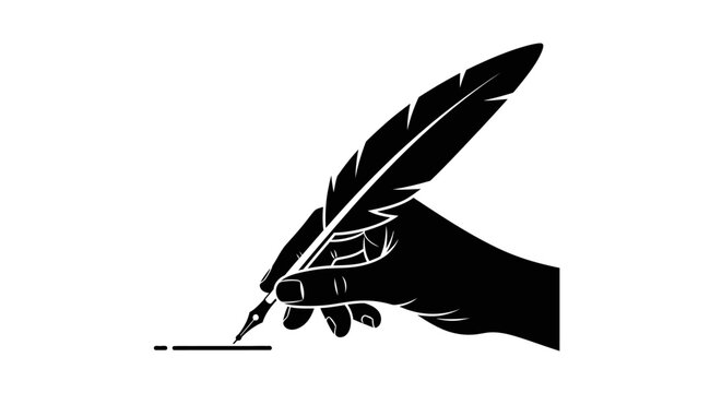 A silhouette of a hand holding a quill pen and writing on a surface.
